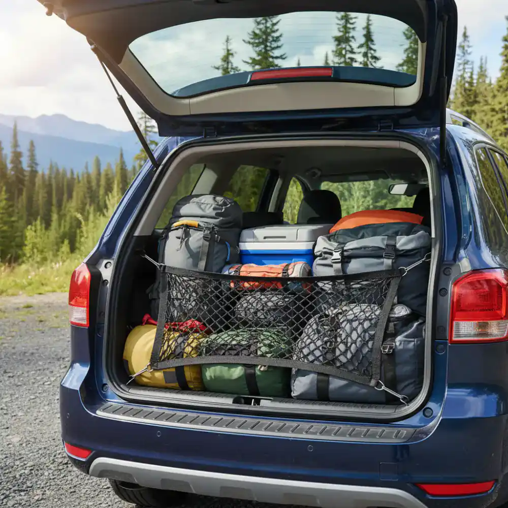 A fully loaded trunk secured with a heavy-duty cargo net