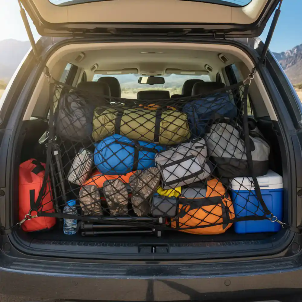 Upgraded trunk cargo net fully loaded with travel gear