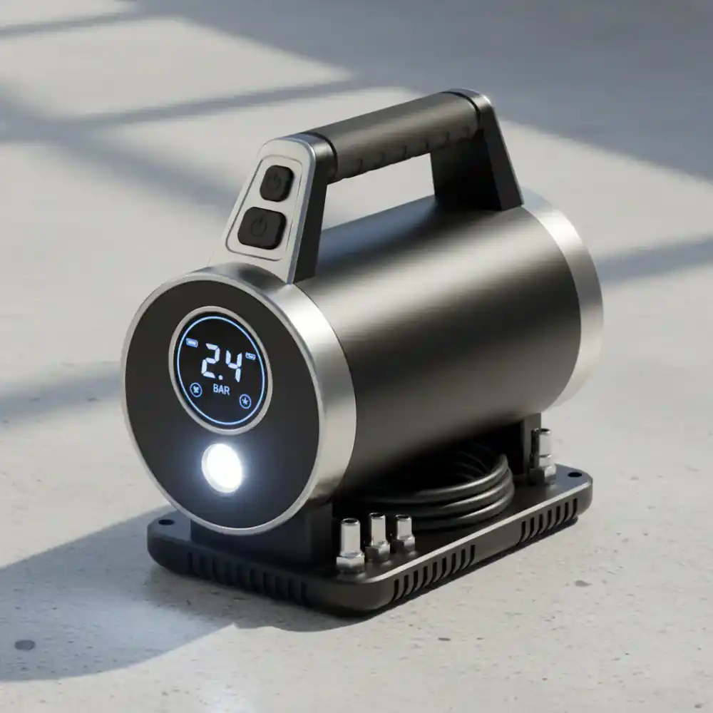 New model of the portable tyre compressor showing digital display