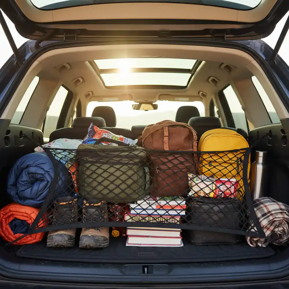 Trunk cargo net loaded with road trip gear