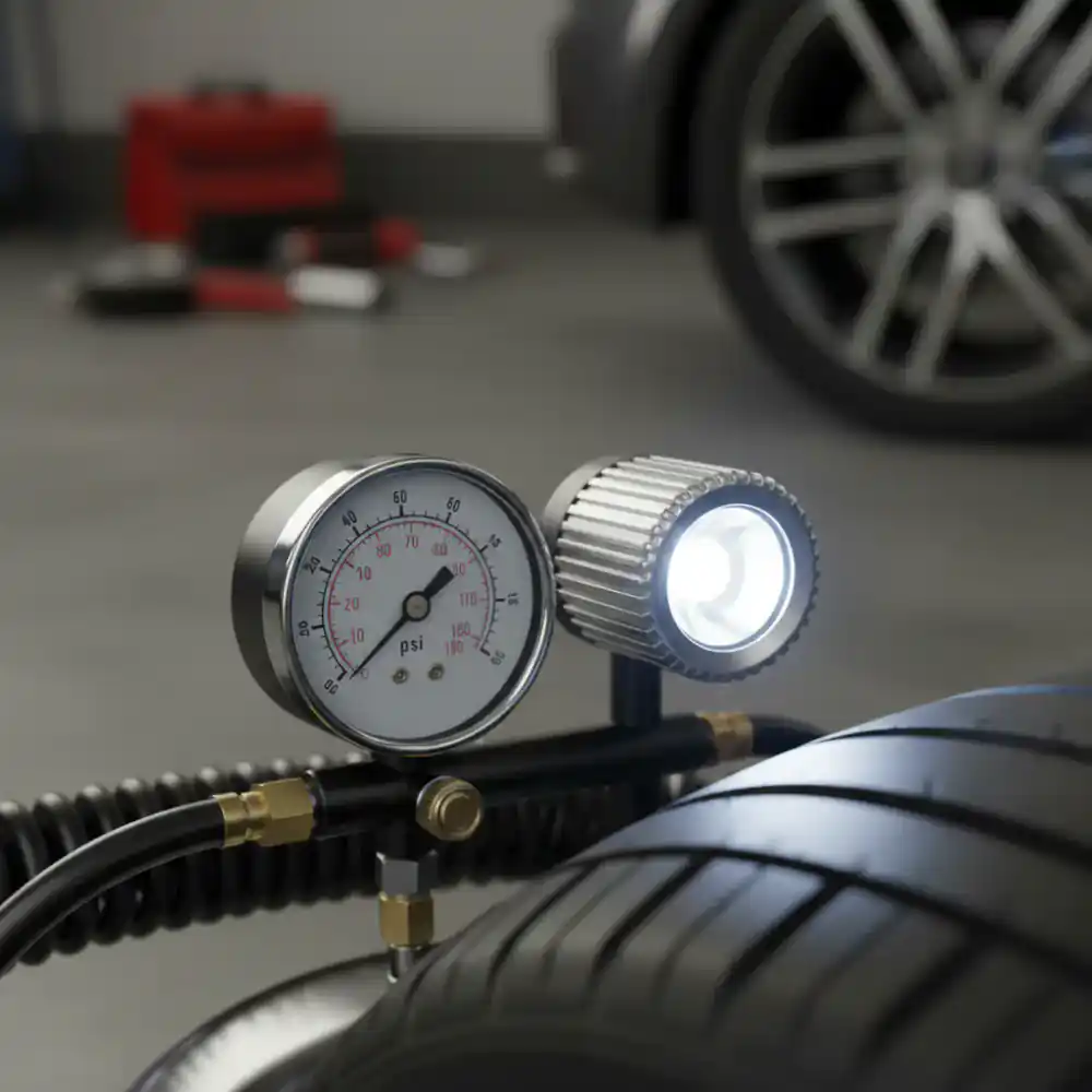 Close up details of the portable tyre compressor gauge