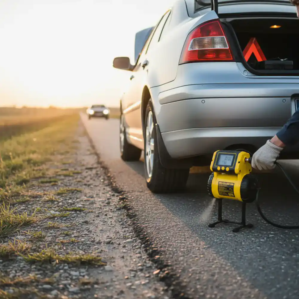 Portable tyre compressor inflating a tyre on the roadside