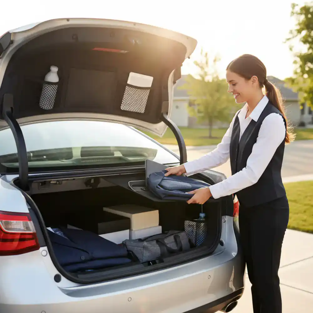 Driver easily organizing items in trunk