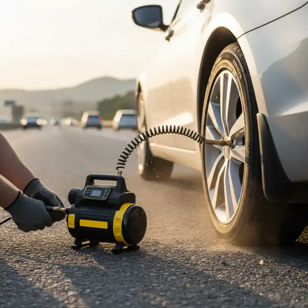 Using a portable tyre compressor on the side of the road